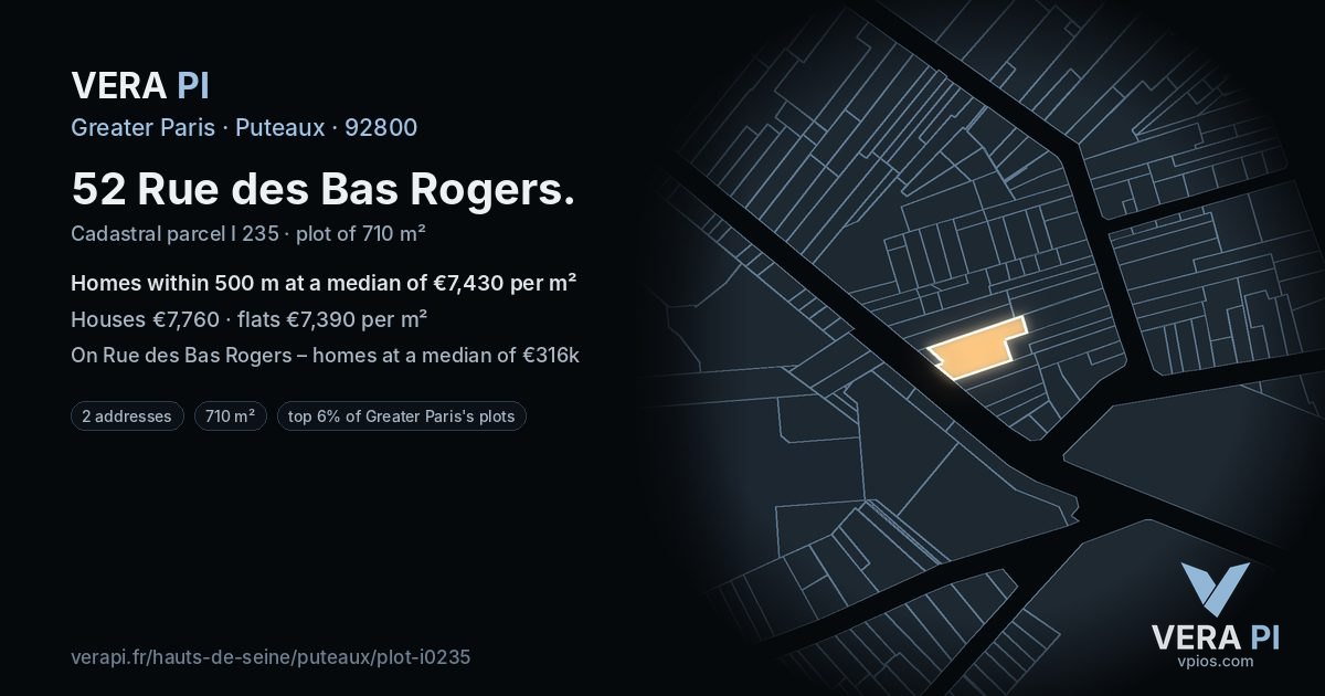 52 Rue des Bas Rogers, Puteaux at night – the plot lit, the parcels around coloured by the prices near them