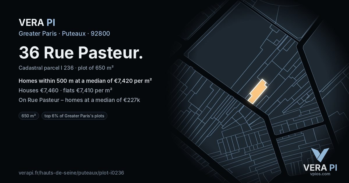 36 Rue Pasteur, Puteaux at night – the plot lit, the parcels around coloured by the prices near them