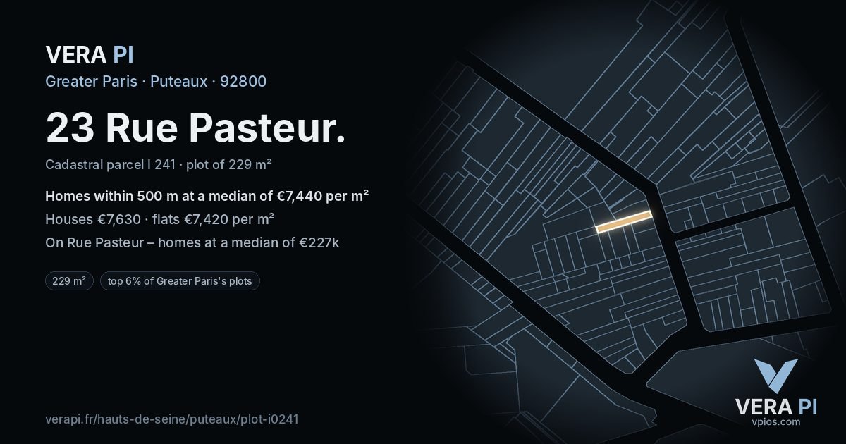 23 Rue Pasteur, Puteaux at night – the plot lit, the parcels around coloured by the prices near them