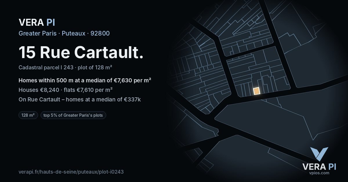 15 Rue Cartault, Puteaux at night – the plot lit, the parcels around coloured by the prices near them