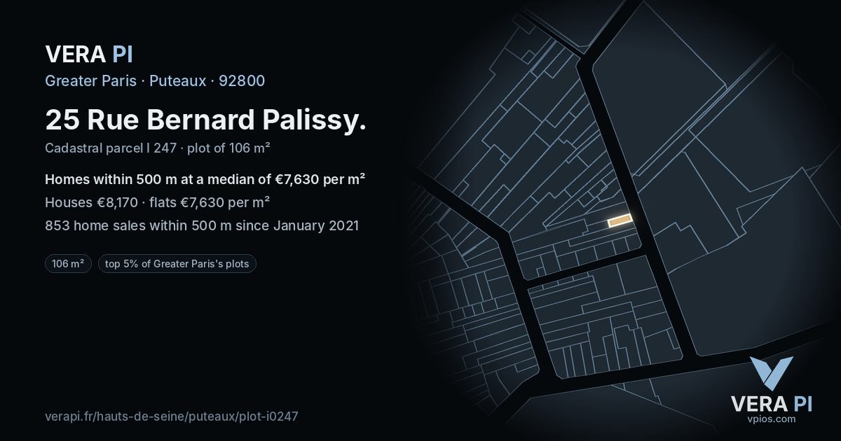 25 Rue Bernard Palissy, Puteaux at night – the plot lit, the parcels around coloured by the prices near them