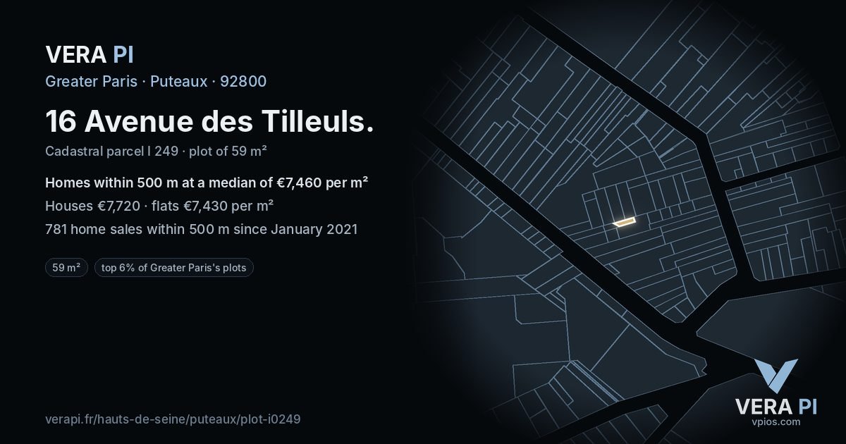 16 Avenue des Tilleuls, Puteaux at night – the plot lit, the parcels around coloured by the prices near them