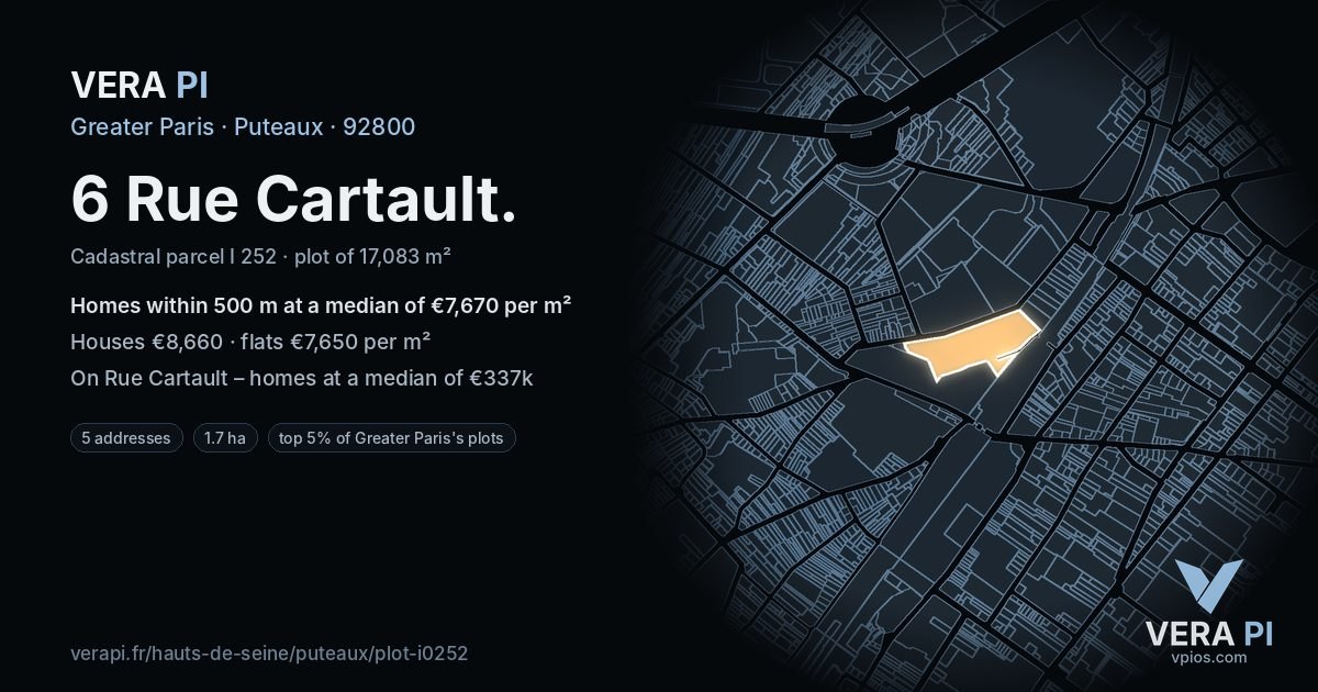 6 Rue Cartault, Puteaux at night – the plot lit, the parcels around coloured by the prices near them