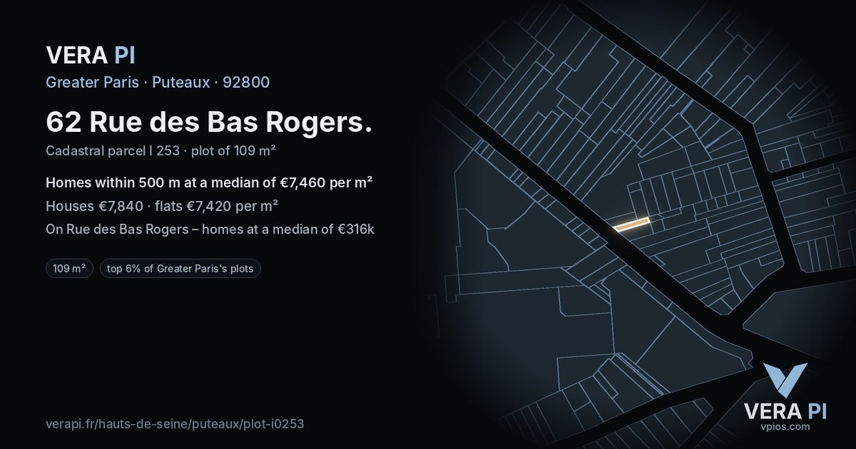 62 Rue des Bas Rogers, Puteaux at night – the plot lit, the parcels around coloured by the prices near them