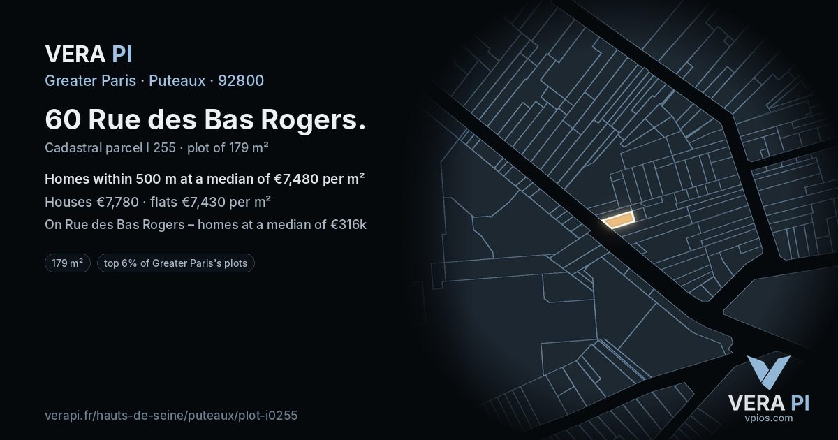 60 Rue des Bas Rogers, Puteaux at night – the plot lit, the parcels around coloured by the prices near them