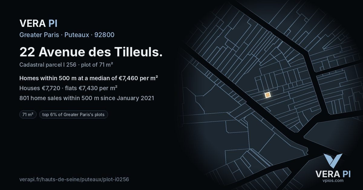 22 Avenue des Tilleuls, Puteaux at night – the plot lit, the parcels around coloured by the prices near them