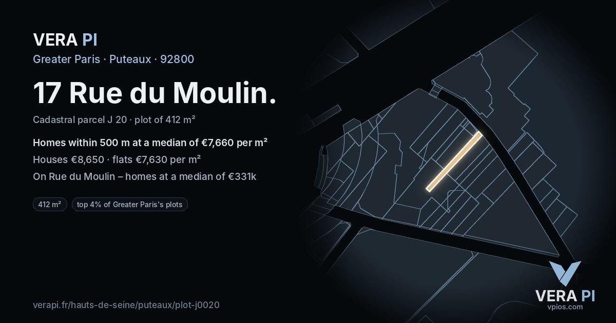 17 Rue du Moulin, Puteaux at night – the plot lit, the parcels around coloured by the prices near them