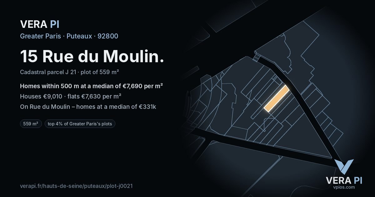 15 Rue du Moulin, Puteaux at night – the plot lit, the parcels around coloured by the prices near them