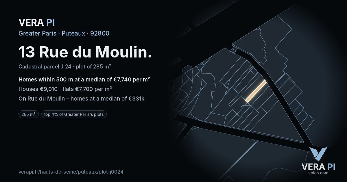13 Rue du Moulin, Puteaux at night – the plot lit, the parcels around coloured by the prices near them