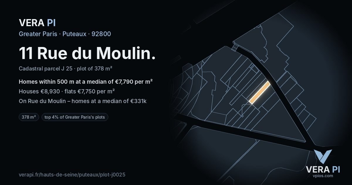 11 Rue du Moulin, Puteaux at night – the plot lit, the parcels around coloured by the prices near them