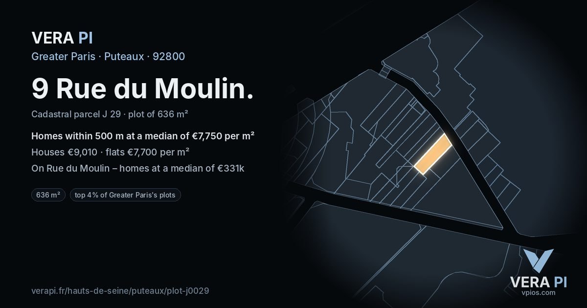 9 Rue du Moulin, Puteaux at night – the plot lit, the parcels around coloured by the prices near them