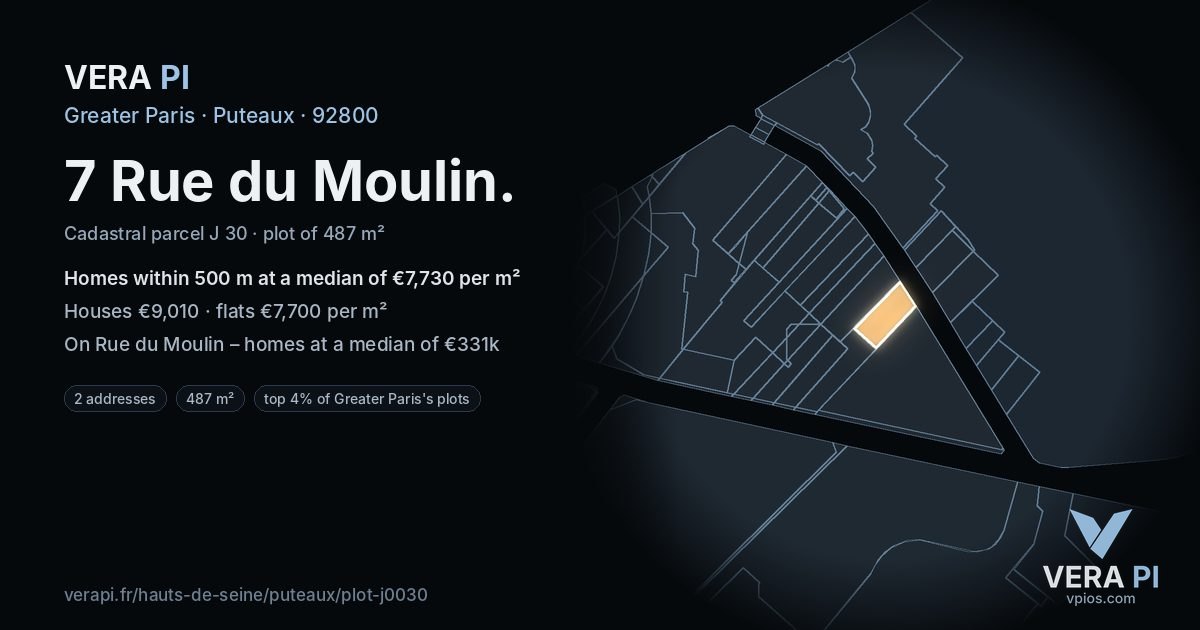 7 Rue du Moulin, Puteaux at night – the plot lit, the parcels around coloured by the prices near them