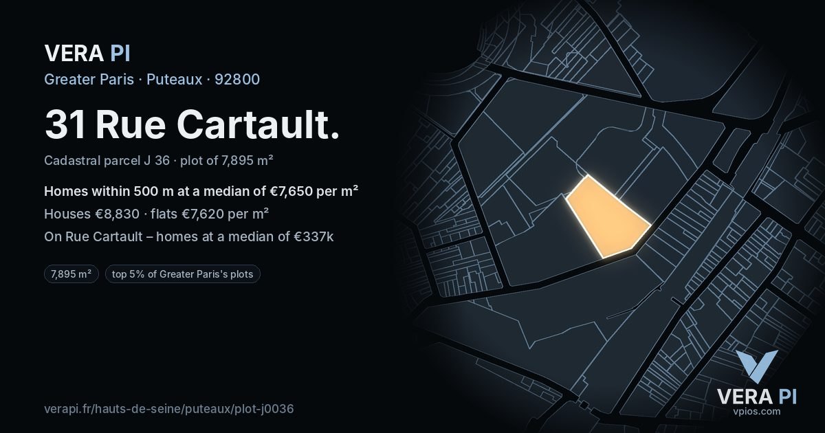 31 Rue Cartault, Puteaux at night – the plot lit, the parcels around coloured by the prices near them