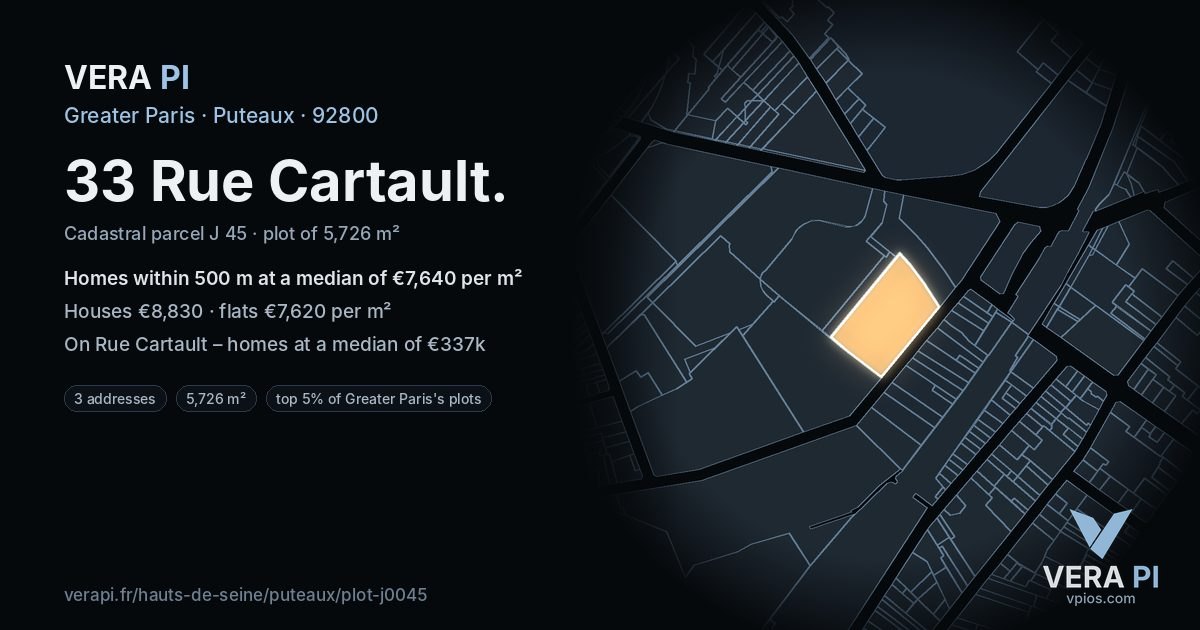 33 Rue Cartault, Puteaux at night – the plot lit, the parcels around coloured by the prices near them