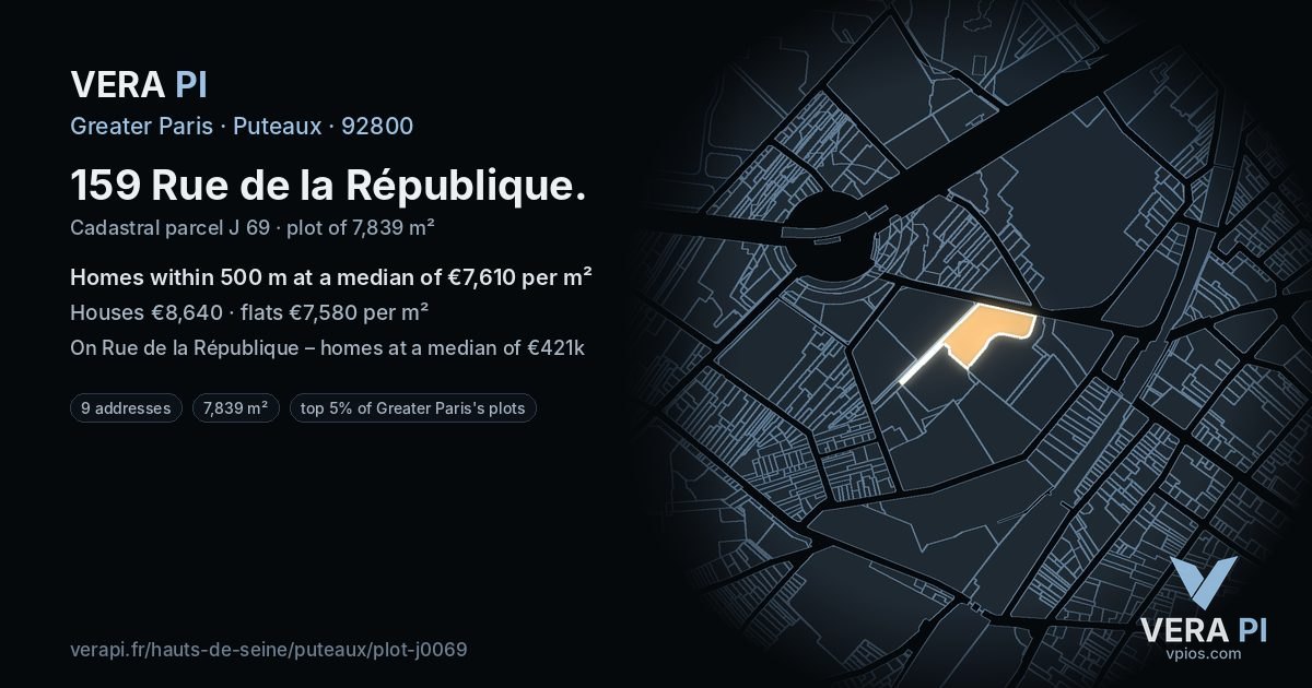 159 Rue de la République, Puteaux at night – the plot lit, the parcels around coloured by the prices near them