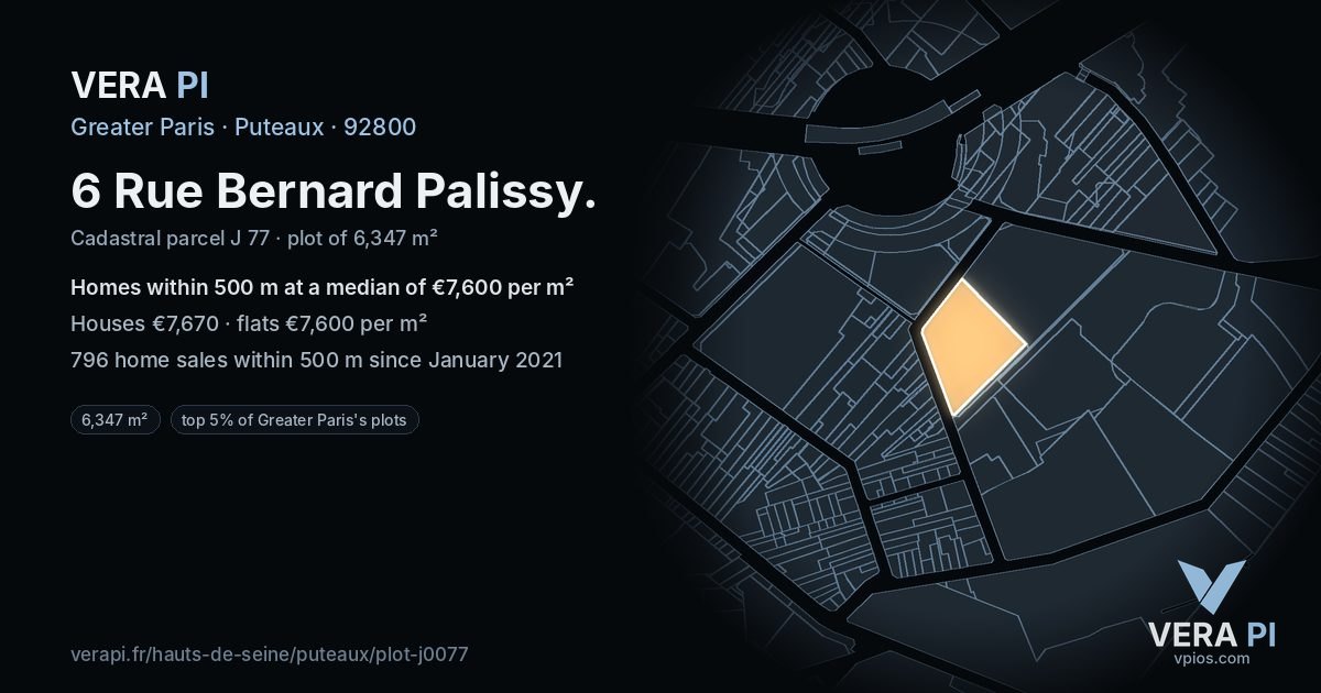 6 Rue Bernard Palissy, Puteaux at night – the plot lit, the parcels around coloured by the prices near them