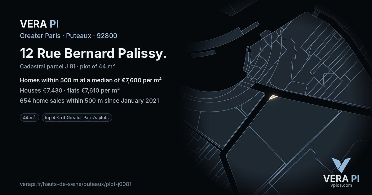 12 Rue Bernard Palissy, Puteaux at night – the plot lit, the parcels around coloured by the prices near them