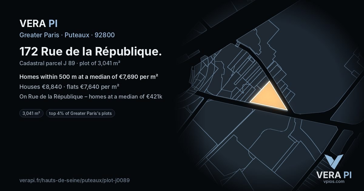 172 Rue de la République, Puteaux at night – the plot lit, the parcels around coloured by the prices near them