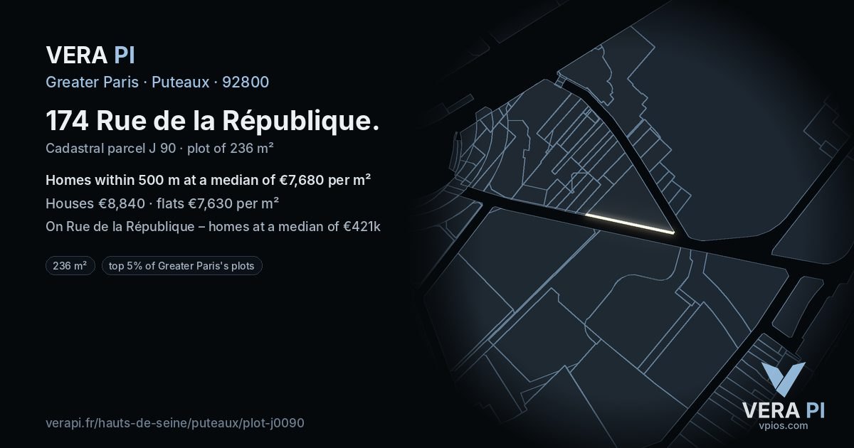 174 Rue de la République, Puteaux at night – the plot lit, the parcels around coloured by the prices near them
