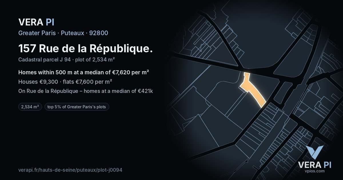 157 Rue de la République, Puteaux at night – the plot lit, the parcels around coloured by the prices near them