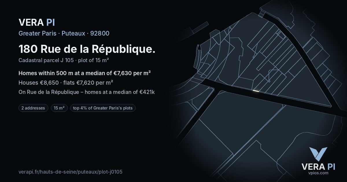 180 Rue de la République, Puteaux at night – the plot lit, the parcels around coloured by the prices near them