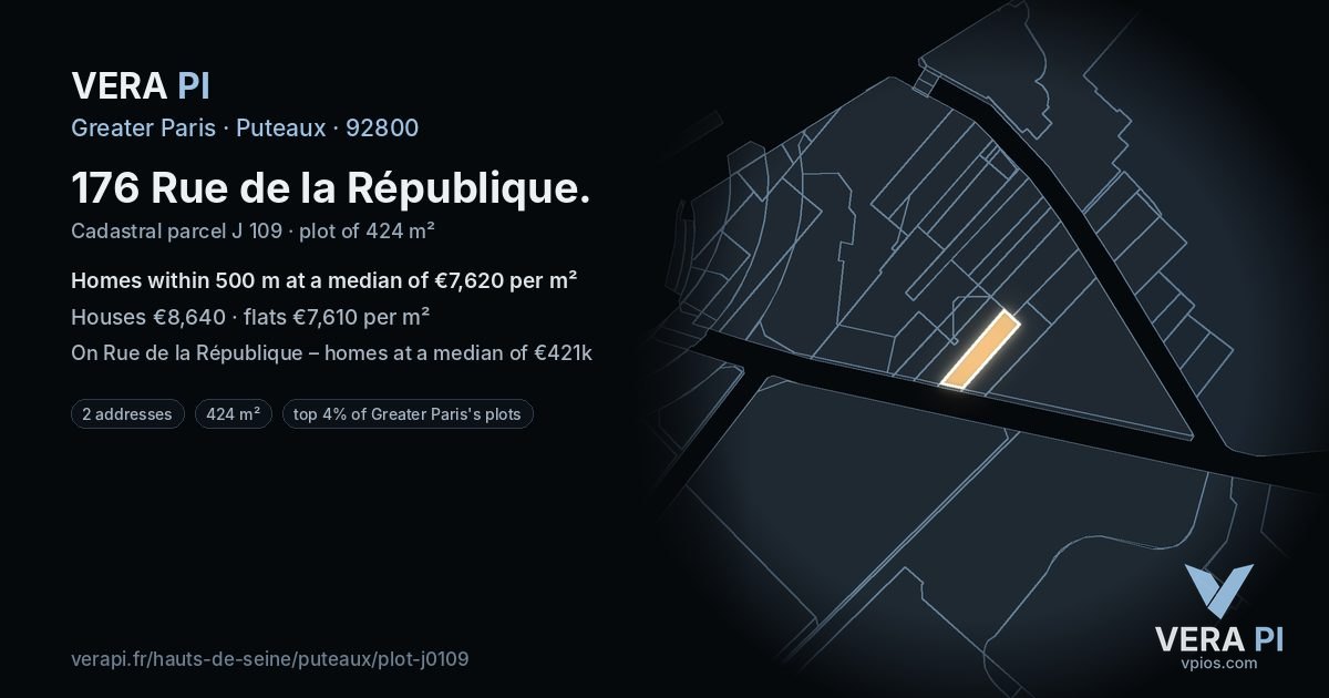 176 Rue de la République, Puteaux at night – the plot lit, the parcels around coloured by the prices near them
