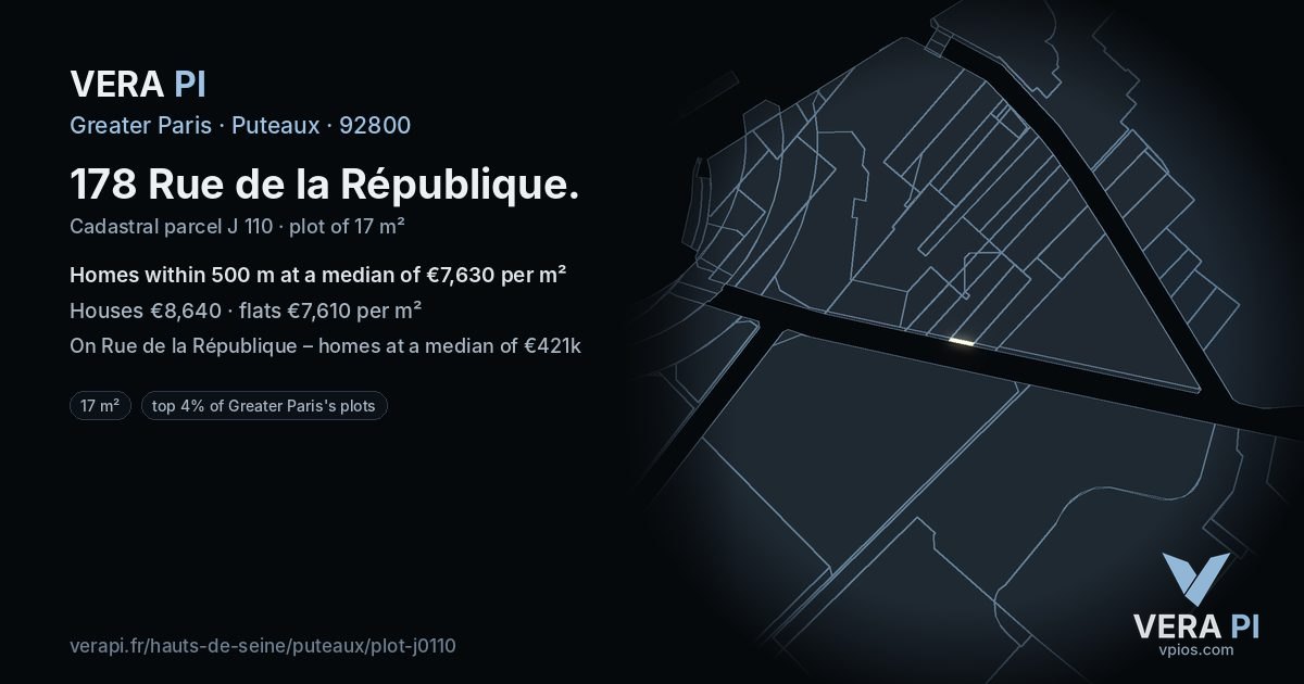 178 Rue de la République, Puteaux at night – the plot lit, the parcels around coloured by the prices near them