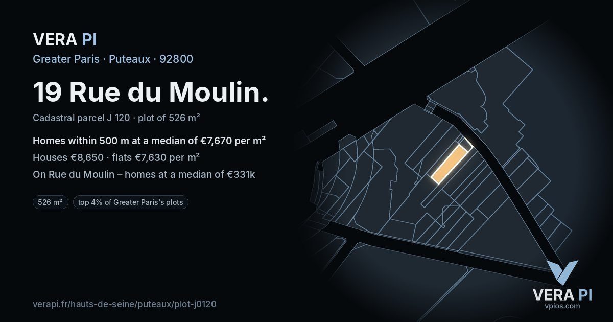 19 Rue du Moulin, Puteaux at night – the plot lit, the parcels around coloured by the prices near them