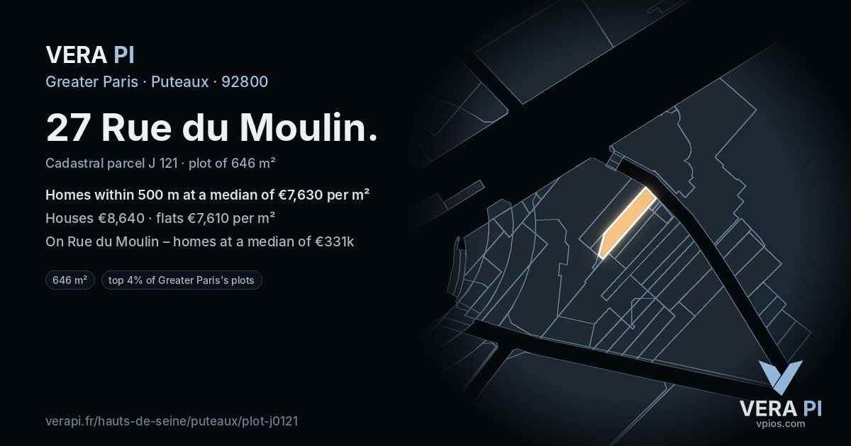 27 Rue du Moulin, Puteaux at night – the plot lit, the parcels around coloured by the prices near them