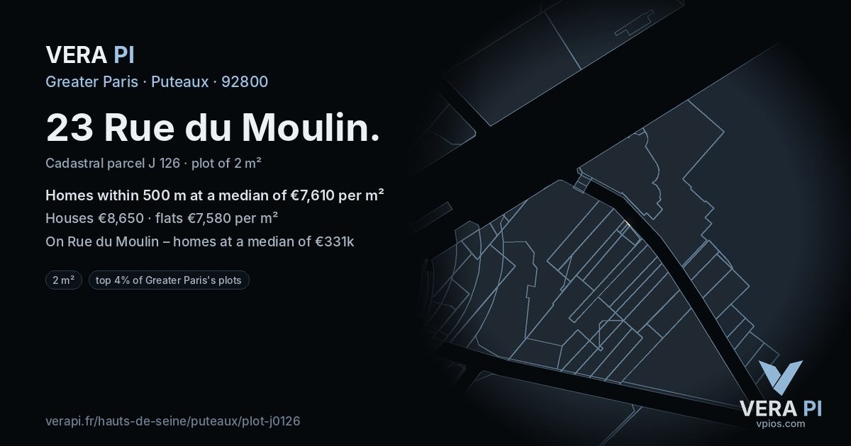 23 Rue du Moulin, Puteaux at night – the plot lit, the parcels around coloured by the prices near them