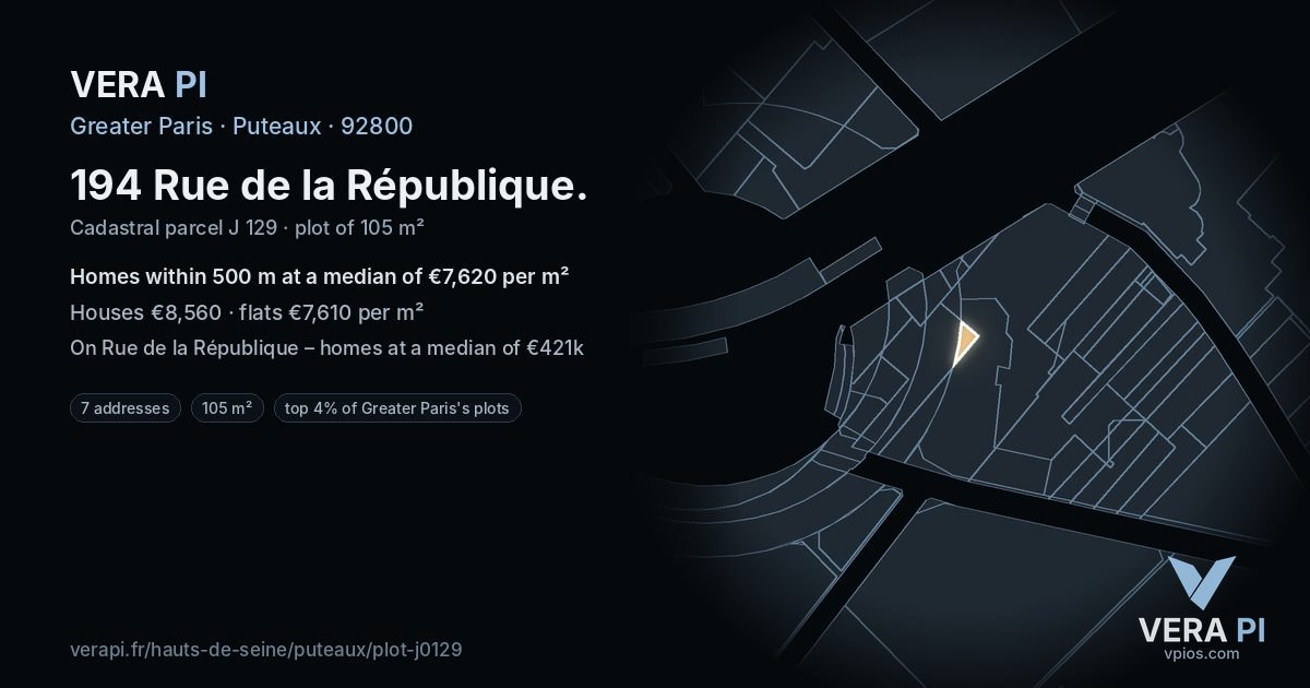 194 Rue de la République, Puteaux at night – the plot lit, the parcels around coloured by the prices near them