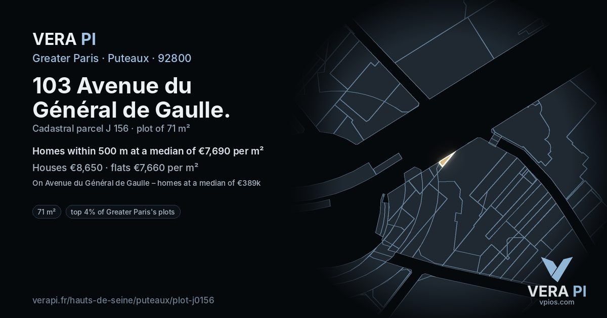 103 Avenue du Général de Gaulle, Puteaux at night – the plot lit, the parcels around coloured by the prices near them