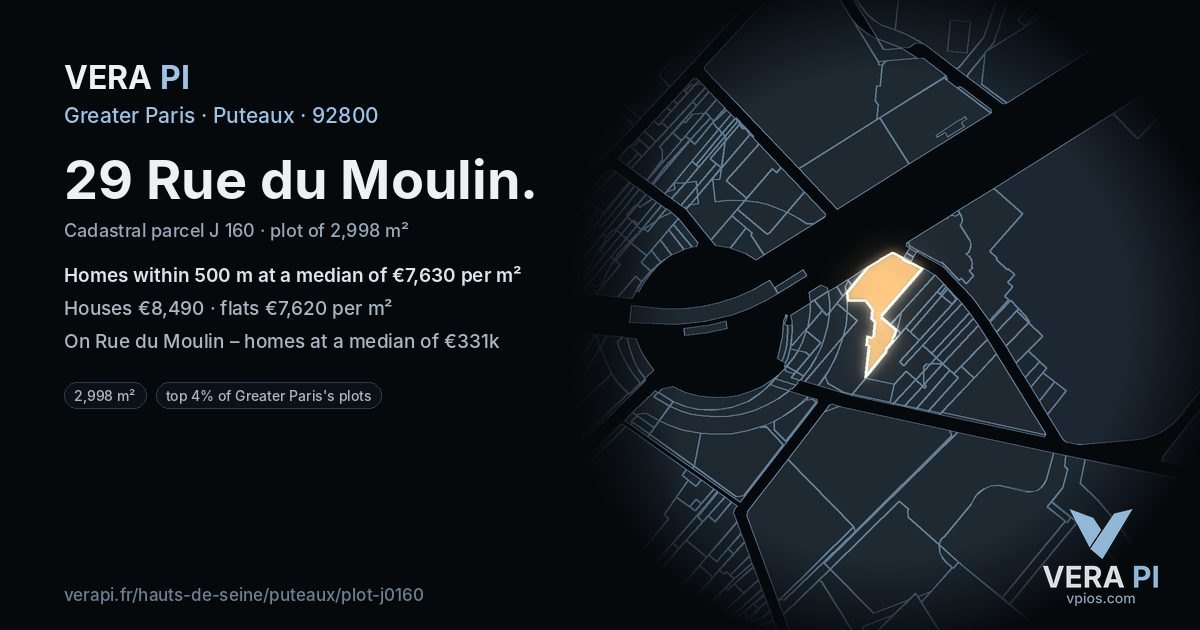 29 Rue du Moulin, Puteaux at night – the plot lit, the parcels around coloured by the prices near them