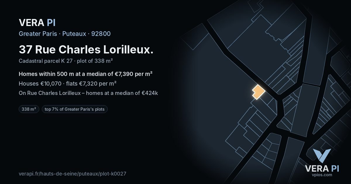 37 Rue Charles Lorilleux, Puteaux at night – the plot lit, the parcels around coloured by the prices near them