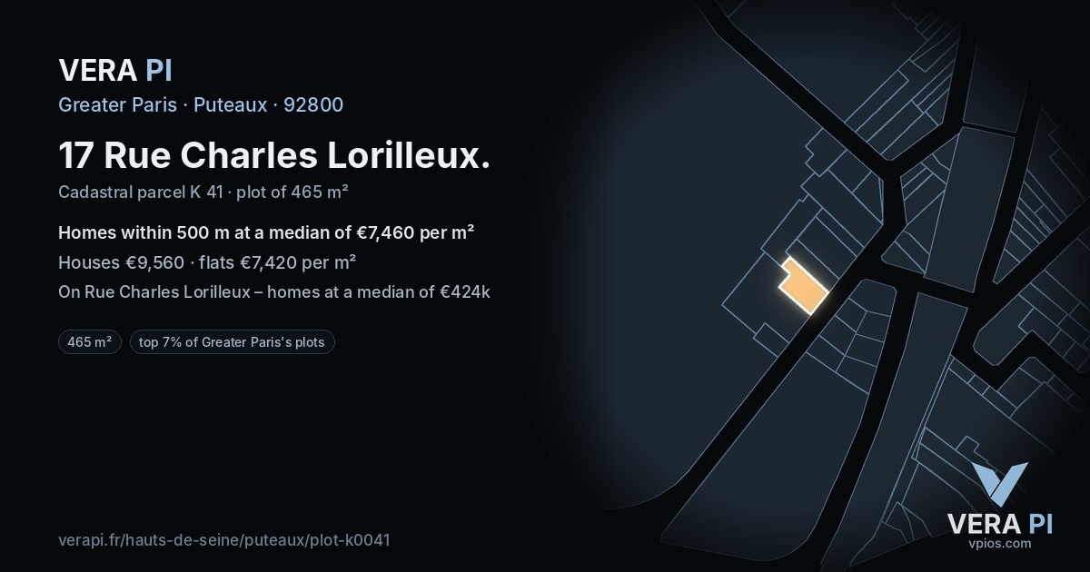 17 Rue Charles Lorilleux, Puteaux at night – the plot lit, the parcels around coloured by the prices near them