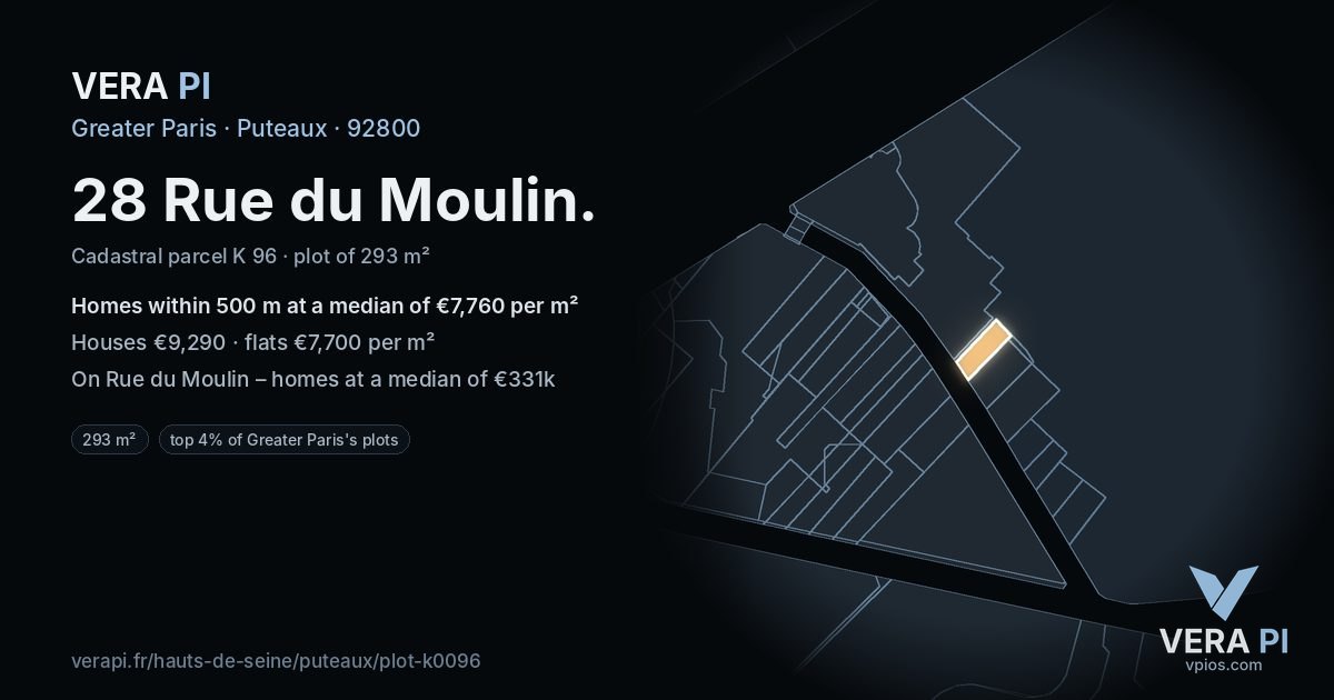 28 Rue du Moulin, Puteaux at night – the plot lit, the parcels around coloured by the prices near them