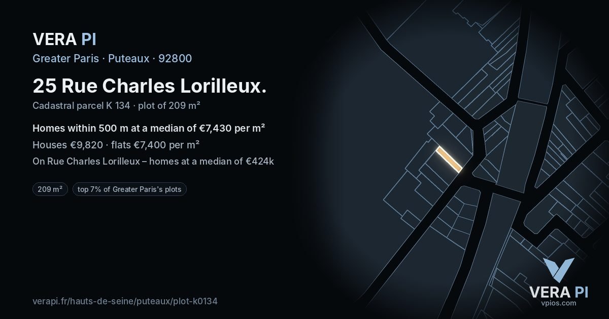 25 Rue Charles Lorilleux, Puteaux at night – the plot lit, the parcels around coloured by the prices near them