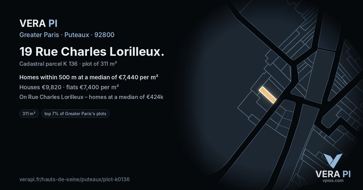 19 Rue Charles Lorilleux, Puteaux at night – the plot lit, the parcels around coloured by the prices near them