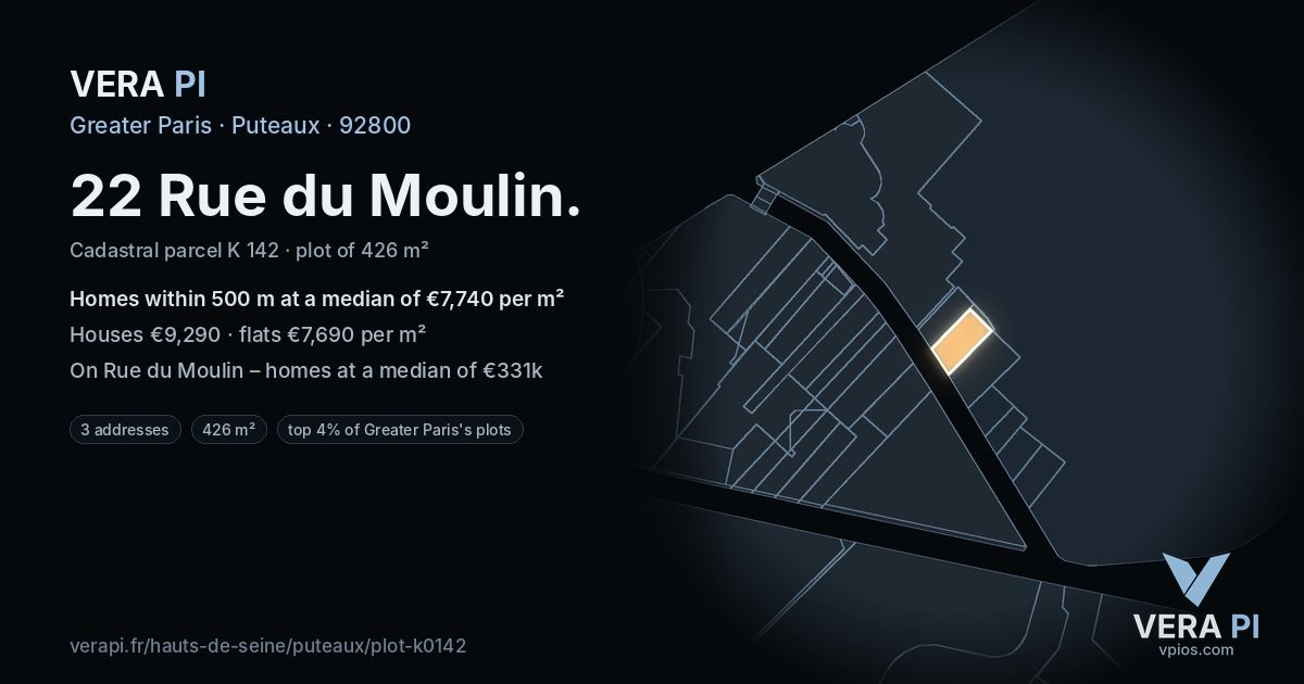 22 Rue du Moulin, Puteaux at night – the plot lit, the parcels around coloured by the prices near them