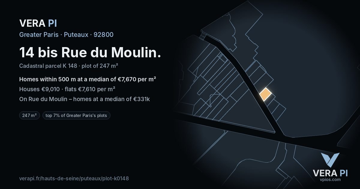 14 bis Rue du Moulin, Puteaux at night – the plot lit, the parcels around coloured by the prices near them