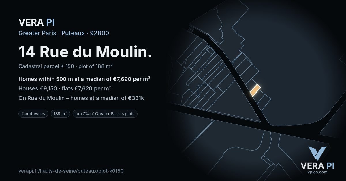 14 Rue du Moulin, Puteaux at night – the plot lit, the parcels around coloured by the prices near them