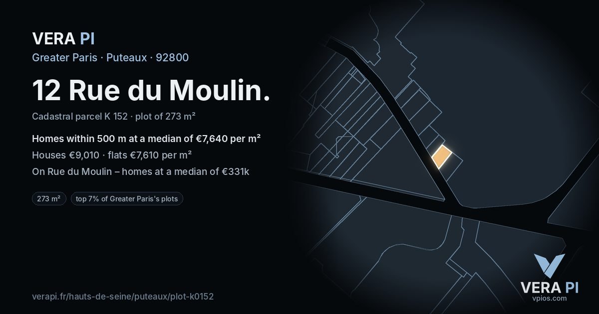 12 Rue du Moulin, Puteaux at night – the plot lit, the parcels around coloured by the prices near them