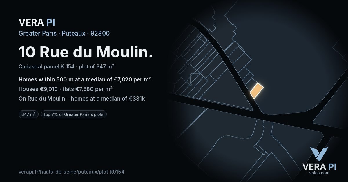 10 Rue du Moulin, Puteaux at night – the plot lit, the parcels around coloured by the prices near them
