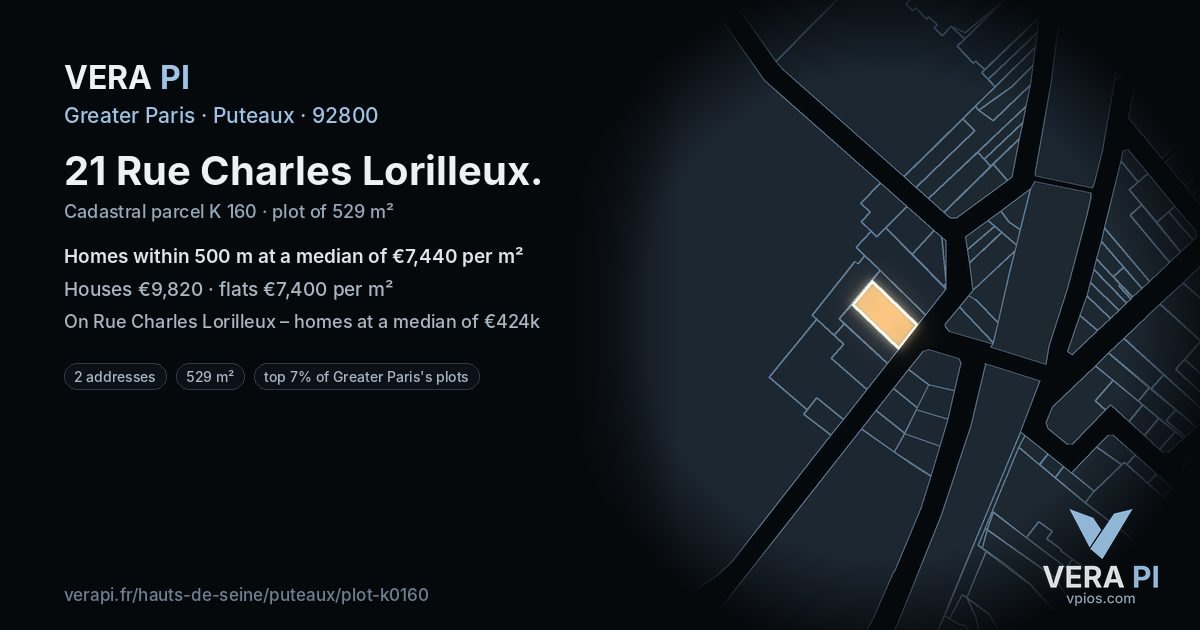 21 Rue Charles Lorilleux, Puteaux at night – the plot lit, the parcels around coloured by the prices near them