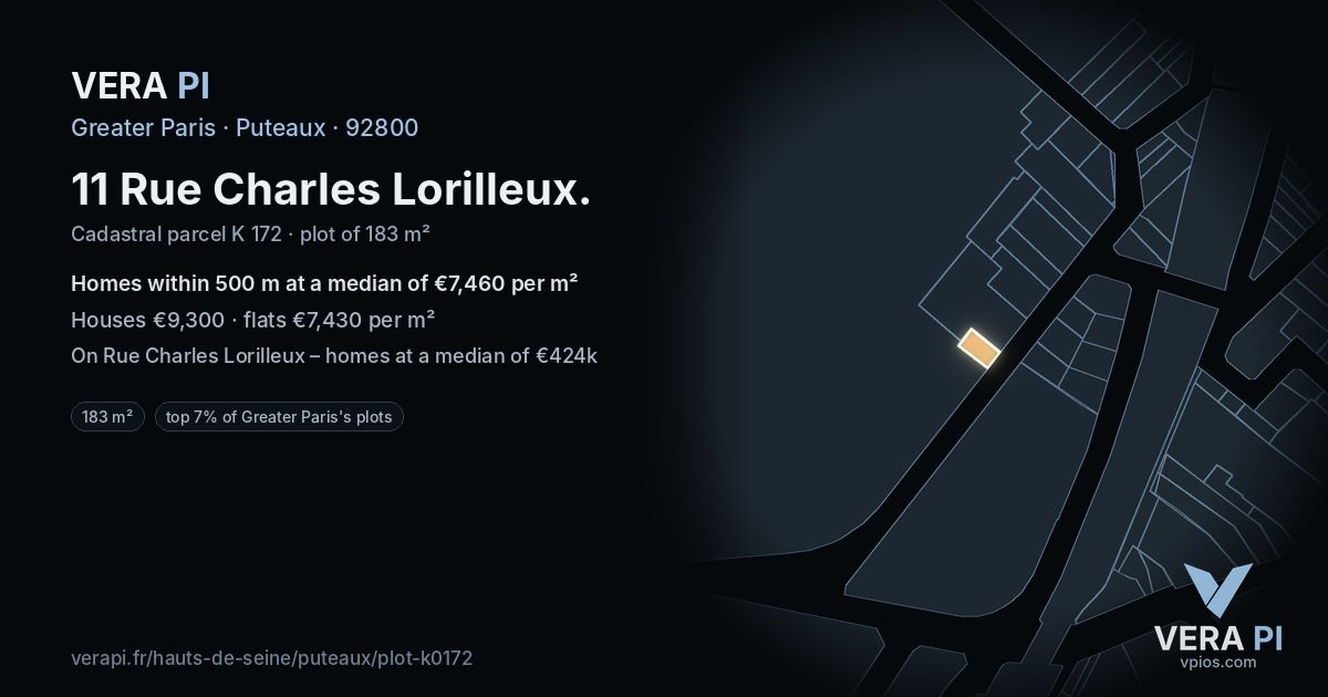 11 Rue Charles Lorilleux, Puteaux at night – the plot lit, the parcels around coloured by the prices near them