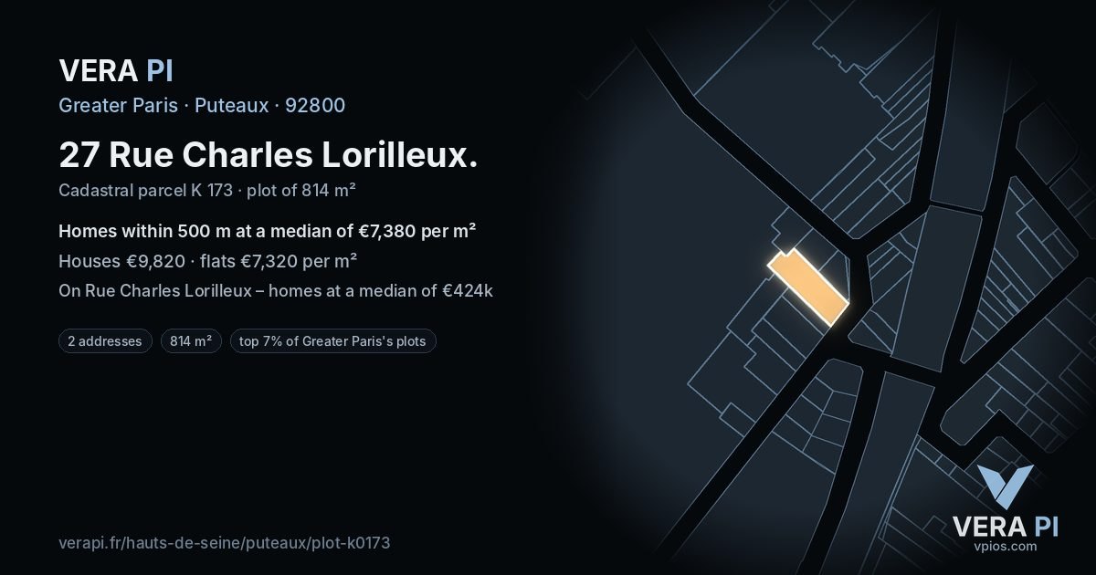27 Rue Charles Lorilleux, Puteaux at night – the plot lit, the parcels around coloured by the prices near them