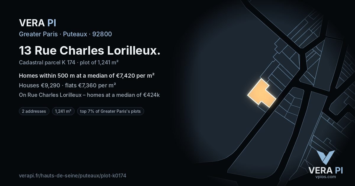 13 Rue Charles Lorilleux, Puteaux at night – the plot lit, the parcels around coloured by the prices near them