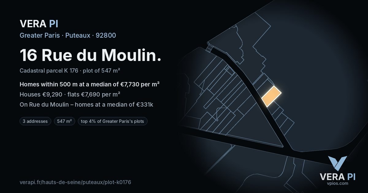 16 Rue du Moulin, Puteaux at night – the plot lit, the parcels around coloured by the prices near them