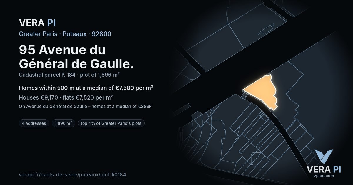 95 Avenue du Général de Gaulle, Puteaux at night – the plot lit, the parcels around coloured by the prices near them