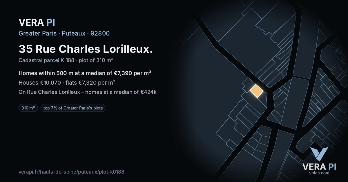 35 Rue Charles Lorilleux, Puteaux at night – the plot lit, the parcels around coloured by the prices near them